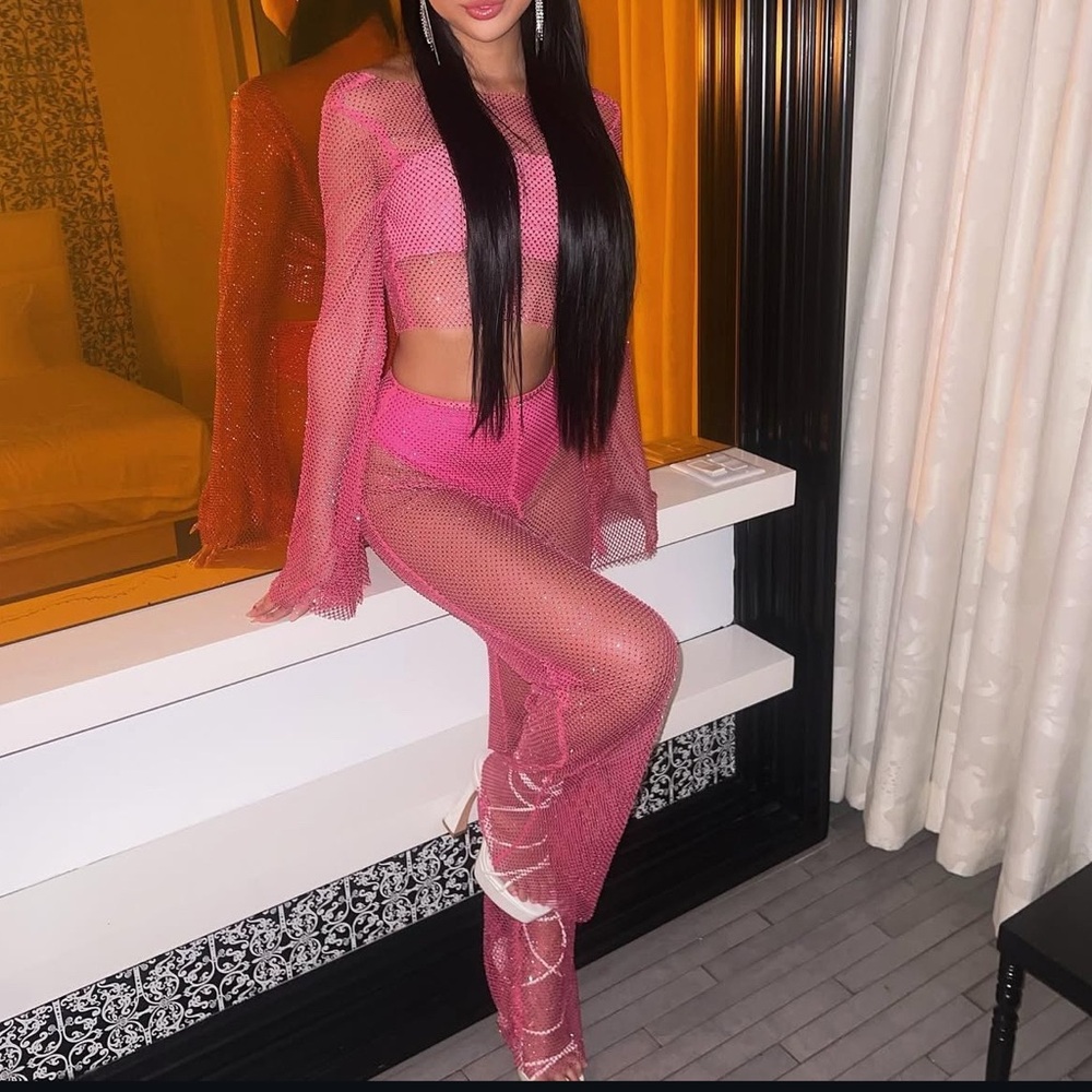 Meshki Rhinestone Sheer Fishnet Top and Pants in Fuchshia.